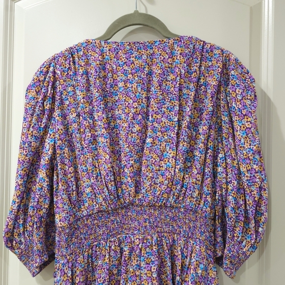 Zara Purple Blue Yellow Floral Puff Smocked Sleeve Sundress Mini, Deep Vneck, S - Picture 11 of 16